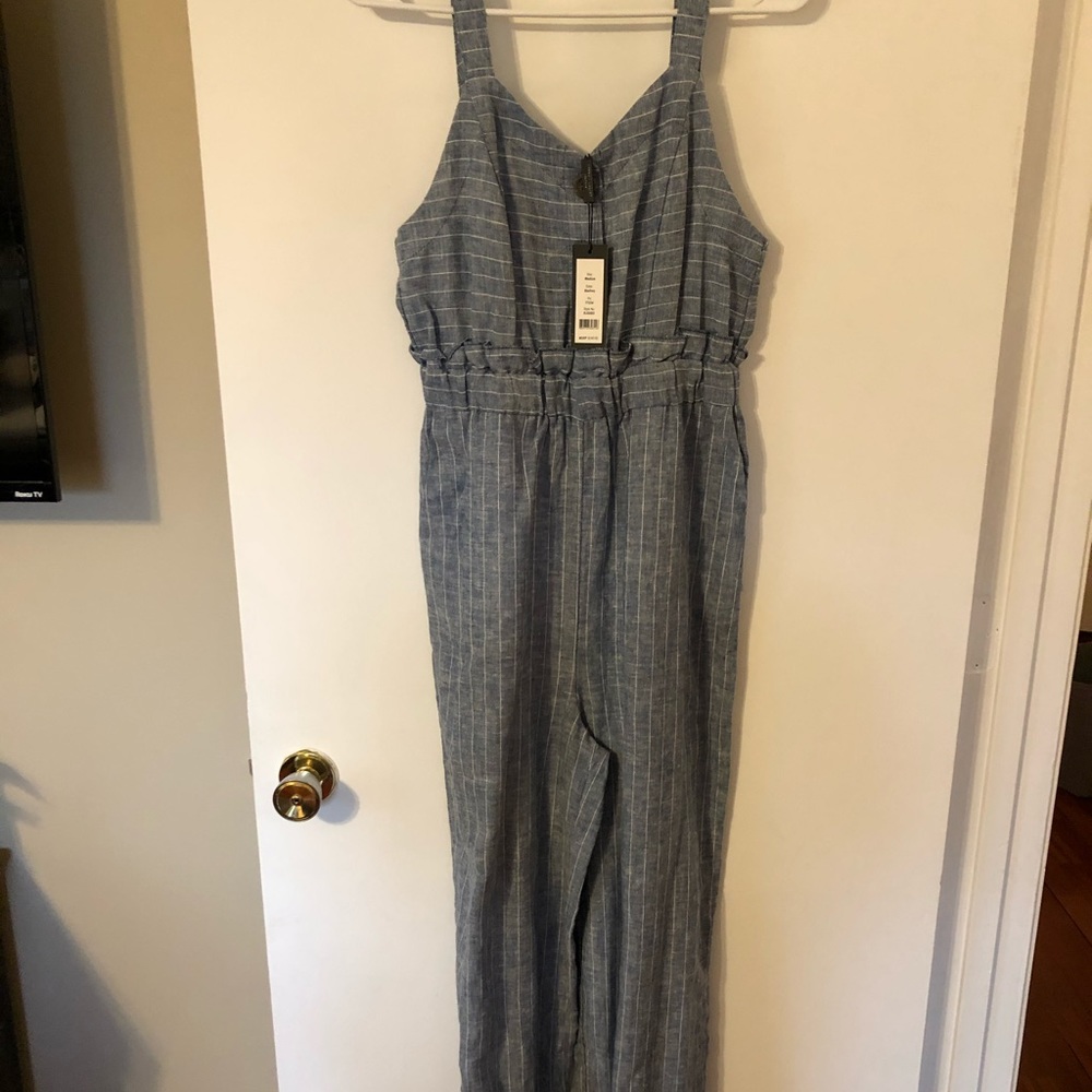 Blue and white striped jumpsuit